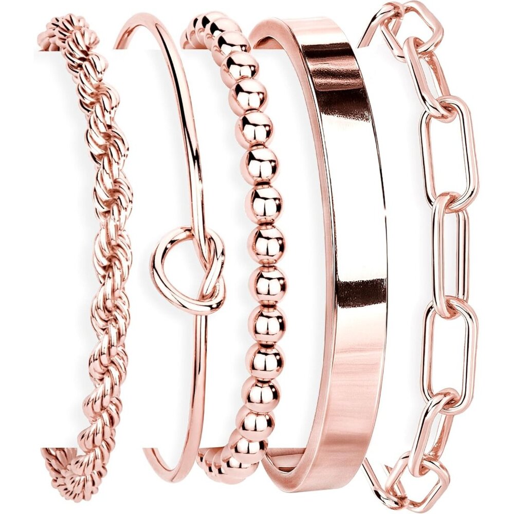 〽️Women's Rose Gold Steel Set of 5 Chunky Cuff Bangles Stackable Bracelets Set
